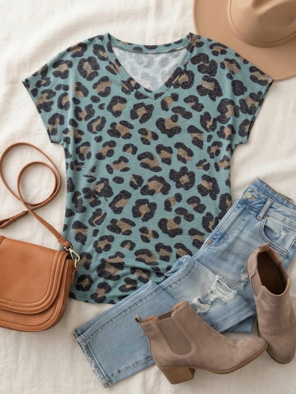 Women's Teal Leopard Print V-Neck Top
